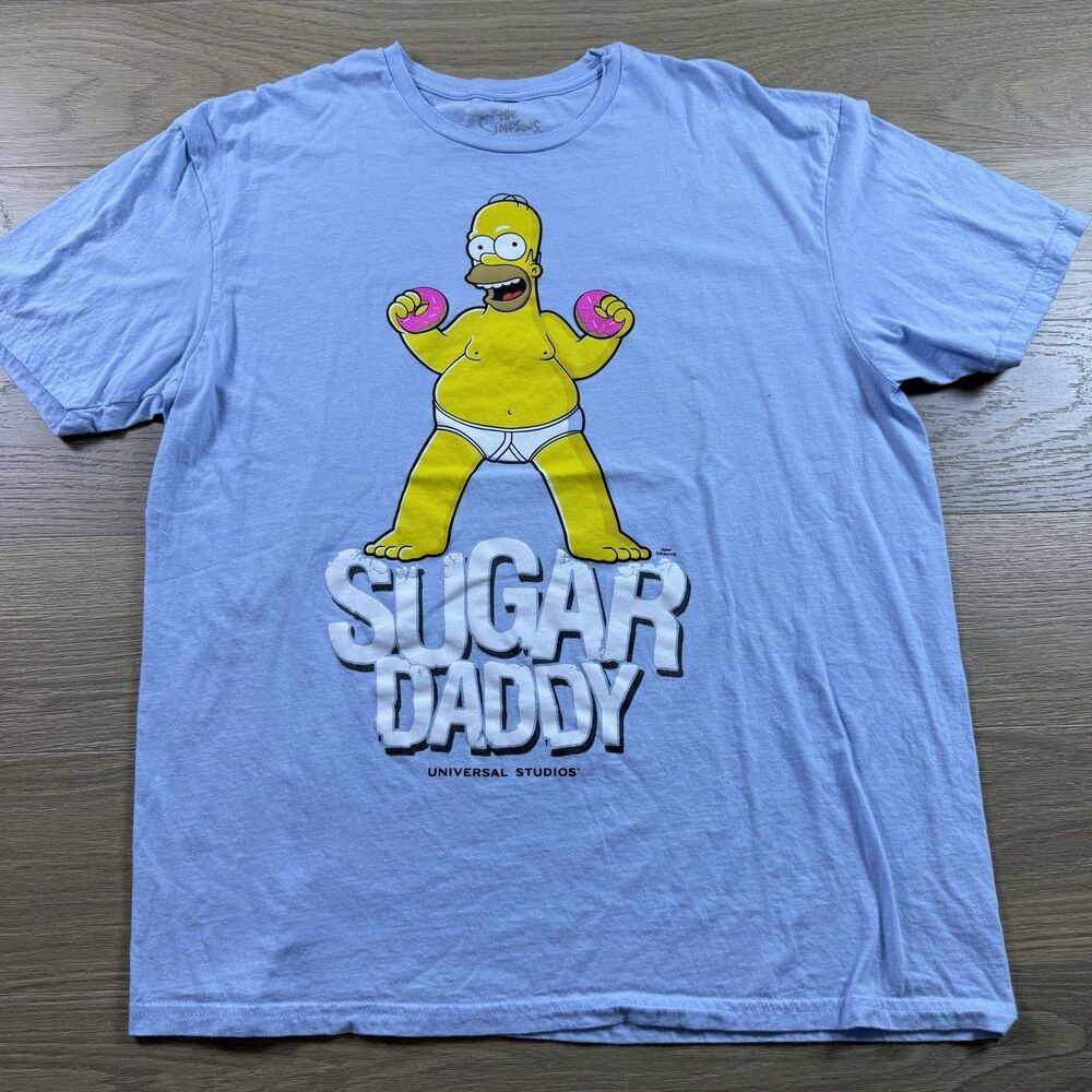 Homer Simpson Shirt Men XL Sugar Daddy Donuts Blue Crew Tee Short Sleeve